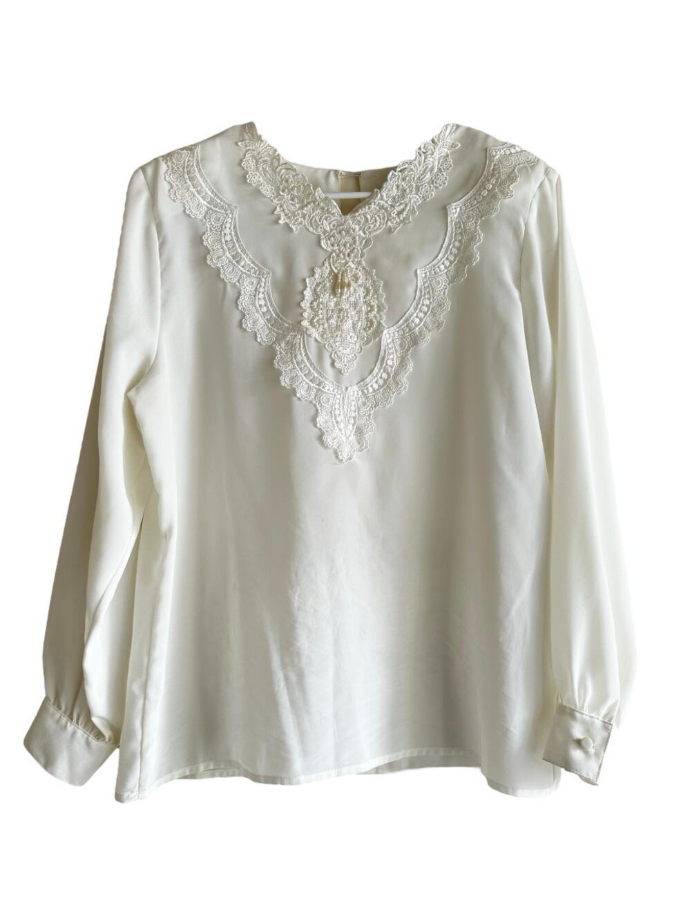 Vintage Kathy Che Blouse Long Sleeve Laced Beaded 100% Polyester Ivory White 12
